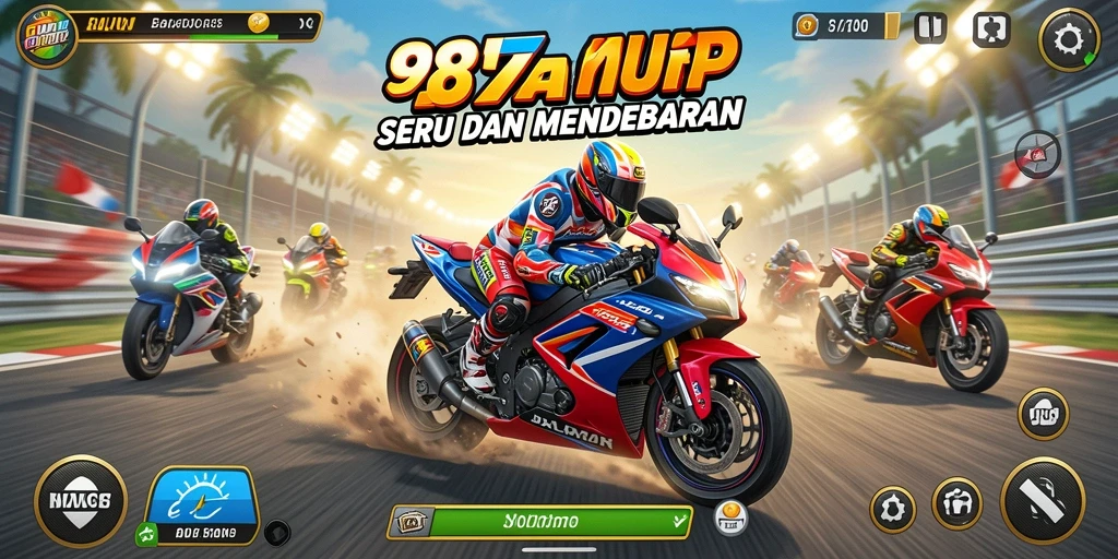 Tangkapan layar dari gameplay <strong>987UP</strong> menunjukkan aksi balapan motor yang seru.