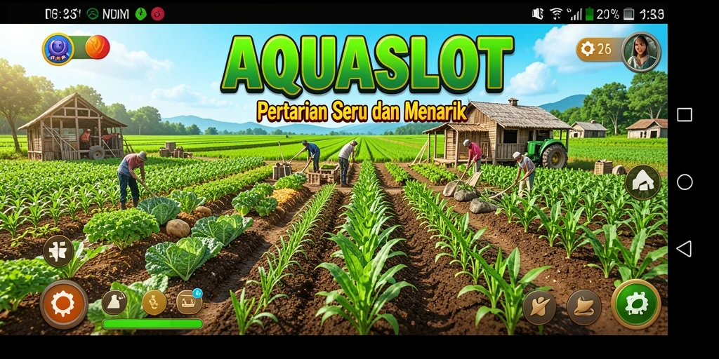 Screenshot gameplay AQUASLOT menampilkan kebun yang indah dengan berbagai tanaman.