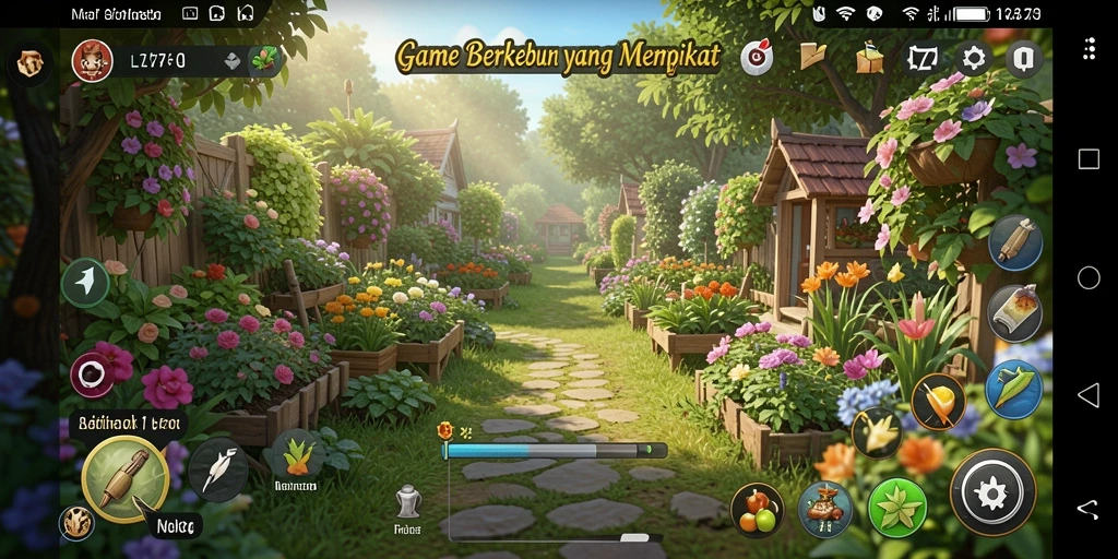 Screenshot gameplay L777, menampilkan kebun subur dan aktivitas bertani.