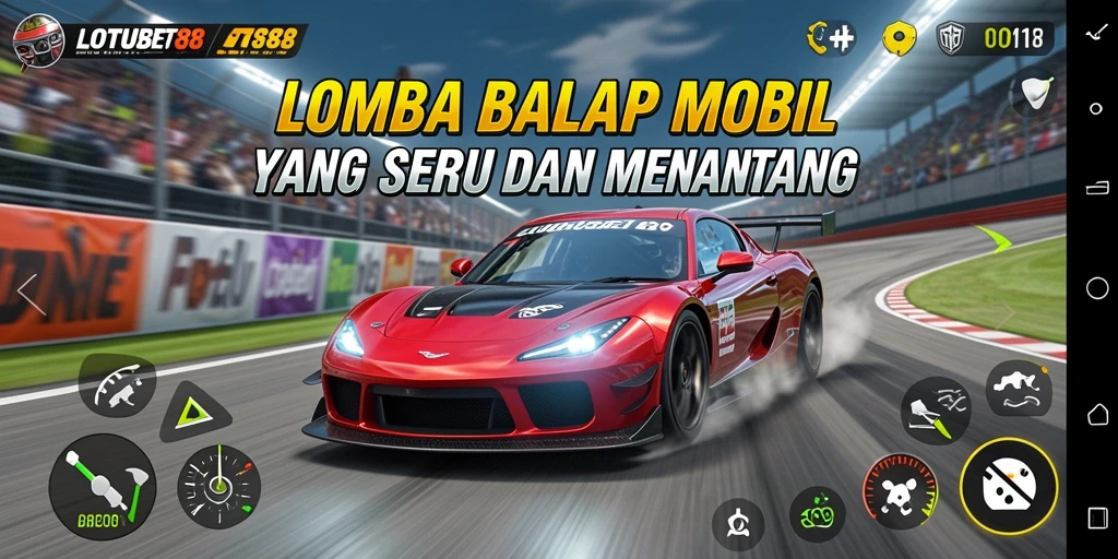 Screenshot gameplay LOTUSBET88 yang menunjukkan aksi balap mobil yang menegangkan.