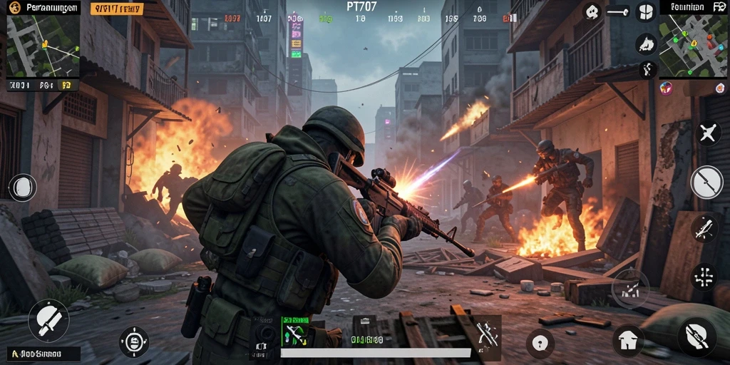 Screenshot gameplay PT707 menunjukkan aksi menembak yang mendebarkan.